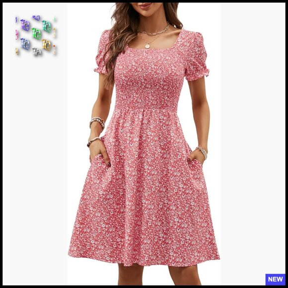 Dresses & Skirts - Flowy A-Line Mini Dress with Pockets Smocked Boho Casual Summer Sundress